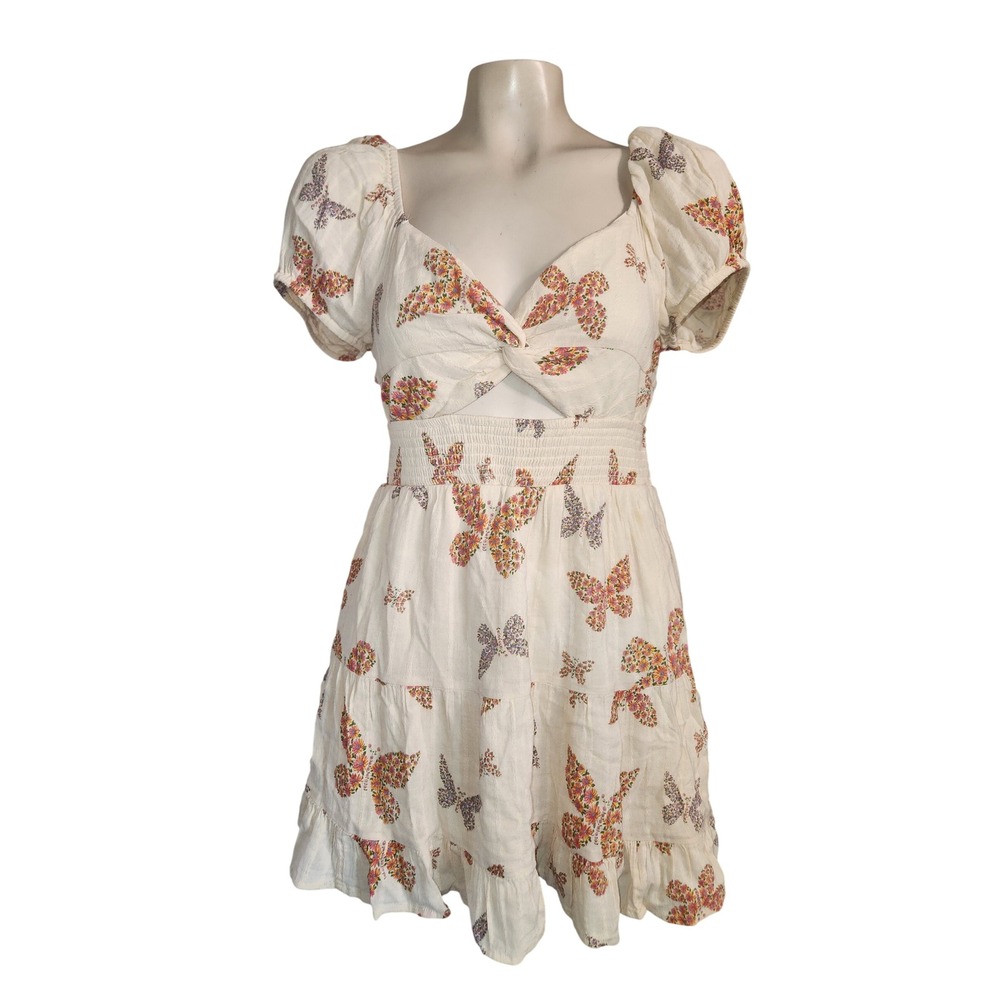 American Eagle Butterfly‎ Floral Smocked Mini Dress Cream XS Puff Sleeve Cutout